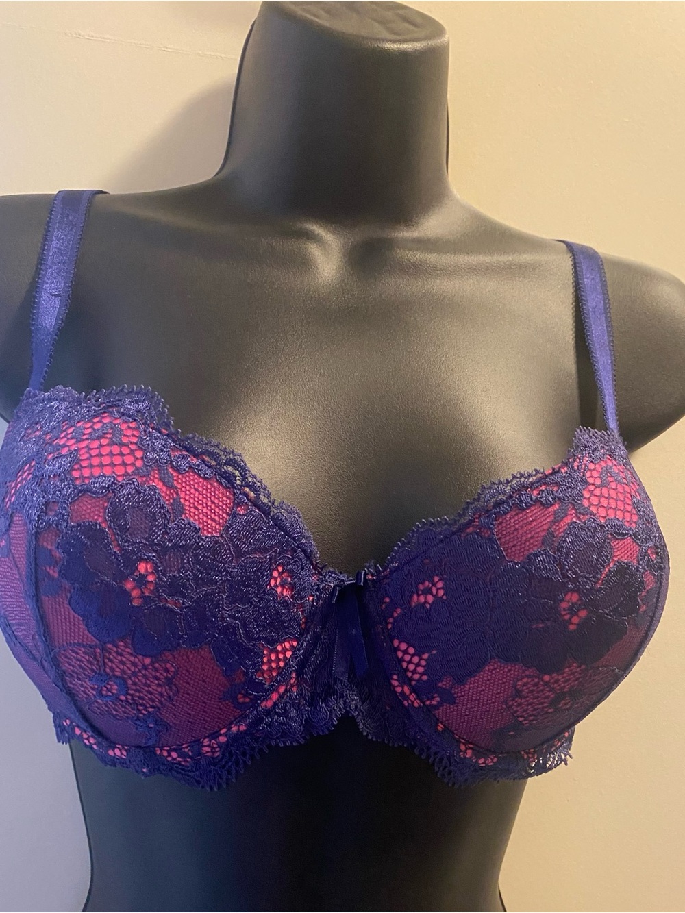 NWT Pour Moi Amour Blue Lace Over Pink Padded Bra